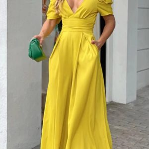 Jumpsuit manga abullonada escote v