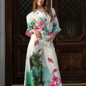 Conjunto estampado pantalón y blusa manga larga botones