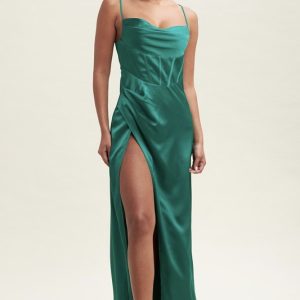 Satin escote columpio varillas drapeado con abertura en pierna