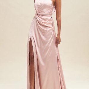 Satin halter sin espalda drapeado nudo costado abertura en pierna