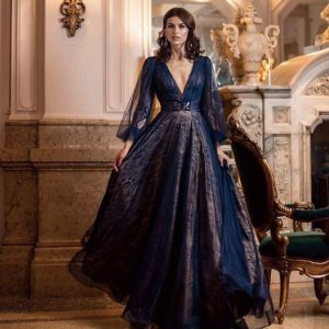 Tul encaje circular de manga larga con escote v pronunciado transparencia