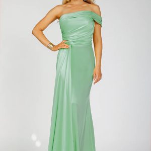 Un hombro drapeado satinado detalle cauda frente